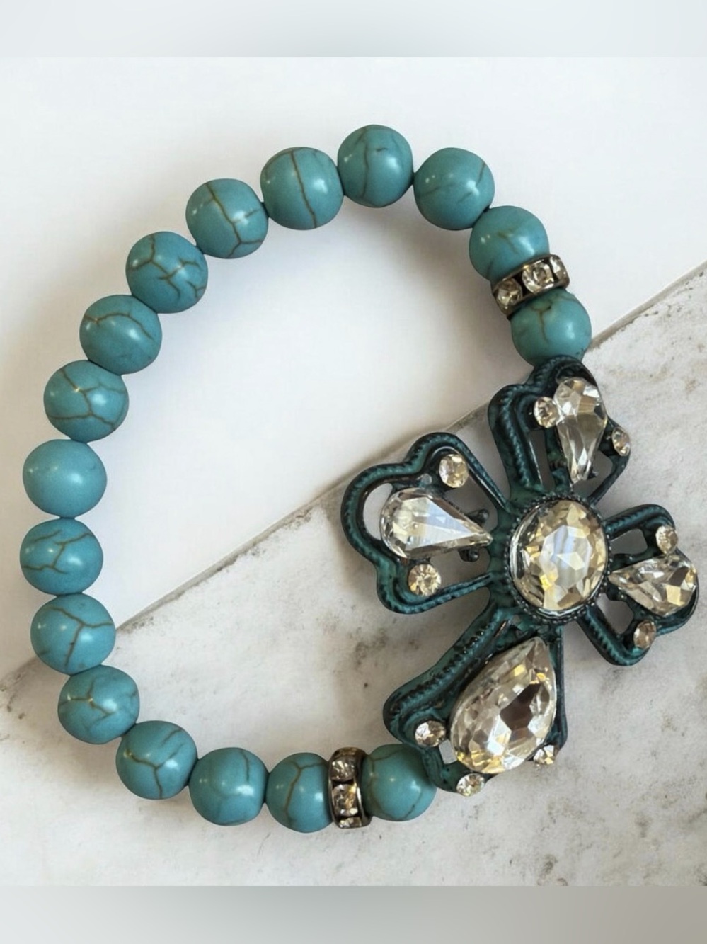 Turquoise Beaded Cross Stretch Bracelet - Turquoise faux custom jewelry